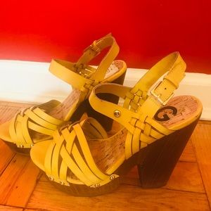 G by Guess yellow platform sandals, side buckle